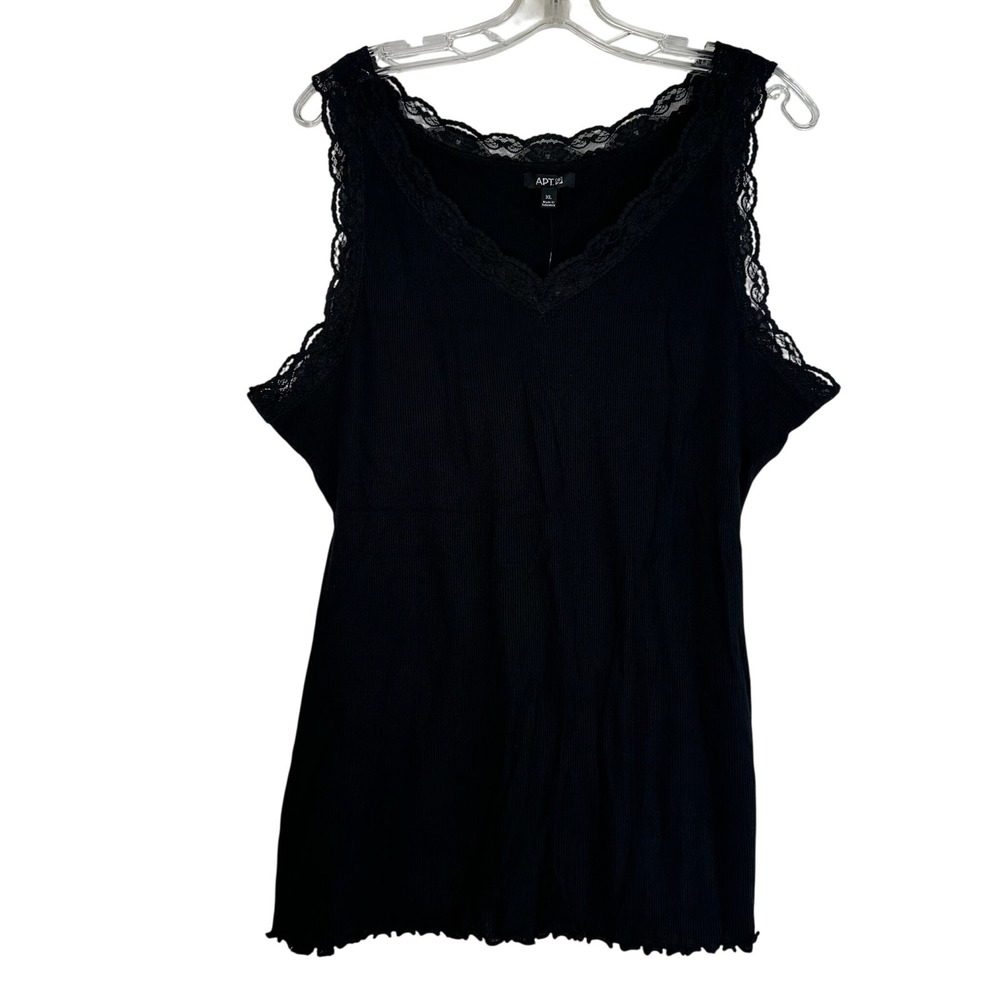 Apt. 9 Womens XL Black Ribbed Cotton Lace Trim V-Neck Tank Top NN12007 NWT